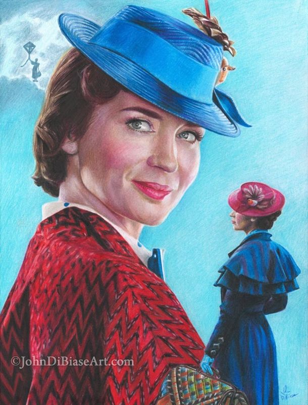 Colored Pencil Drawing Print of Emily Blunt as Mary Poppins in "Mary Poppins Returns"