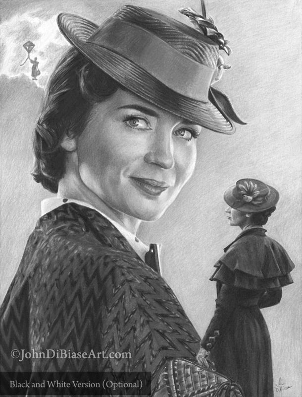 Colored Pencil Drawing Print of Emily Blunt as Mary Poppins in "Mary Poppins Returns"