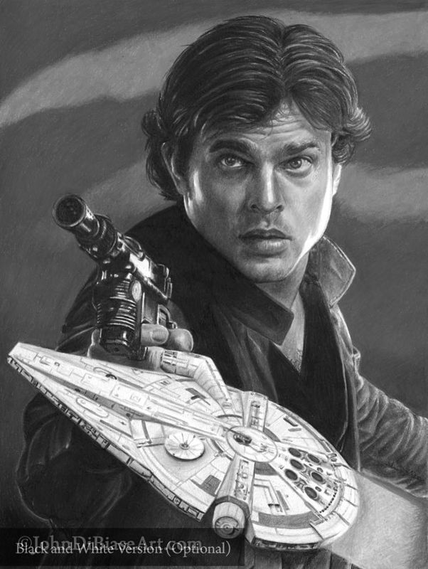 Han Solo (Alden Ehrenreich) with Millennium Falcon from Solo: A Star Wars Story Colored Pencil Drawing Print 8.5 x 11