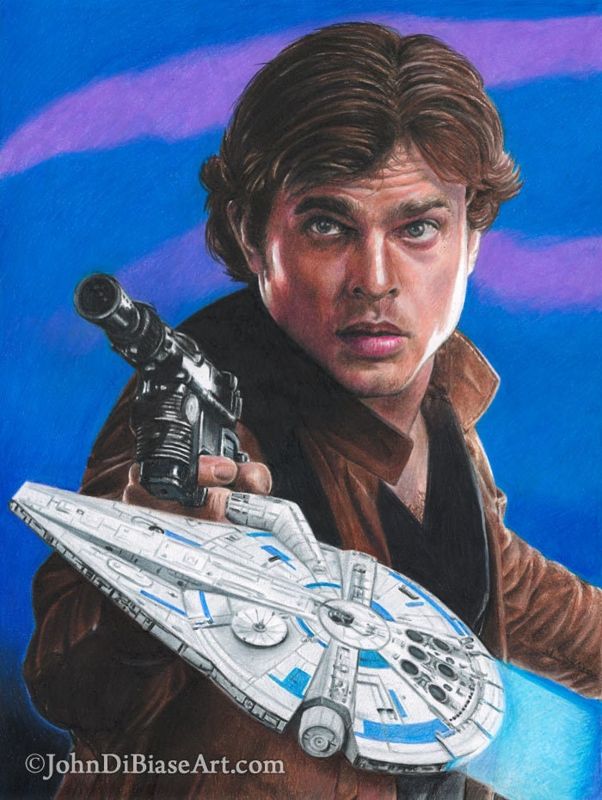 Han Solo (Alden Ehrenreich) with Millennium Falcon from Solo: A Star Wars Story Colored Pencil Drawing Print 8.5 x 11