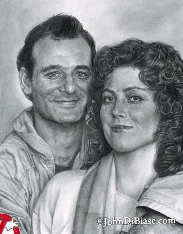 Bill Murray as Peter Venkman and Sigourney Weaver as Dana in Ghostbusters Drawing Print 8.5 x 11