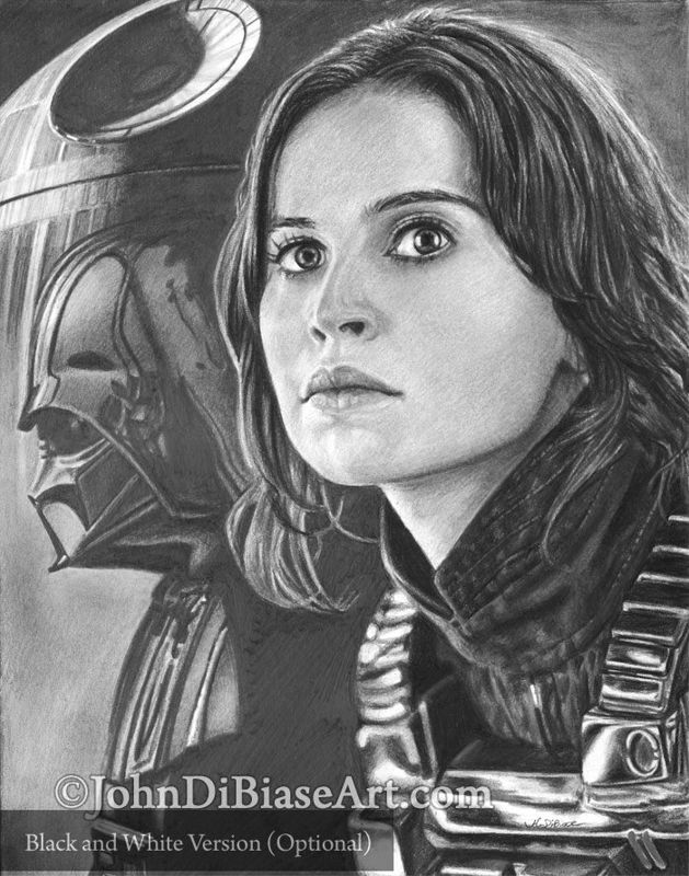 Jyn Erso (Felicity Jones) and Darth Vader / Death Star in Star Wars: Rogue One Colored Pencil / Graphite Drawing Print 8.5 x 11