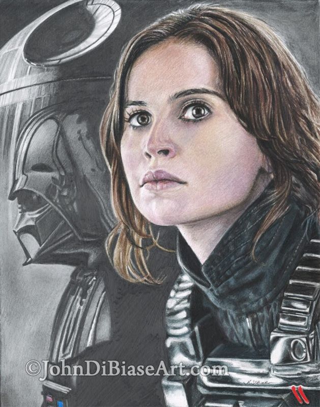 Jyn Erso (Felicity Jones) and Darth Vader / Death Star in Star Wars: Rogue One Colored Pencil / Graphite Drawing Print 8.5 x 11