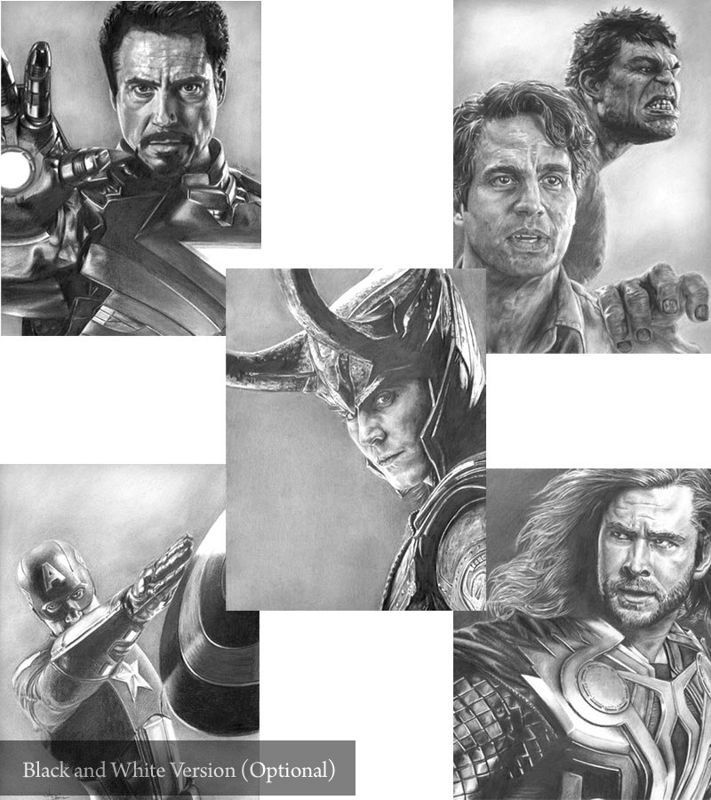 5 Avengers Drawing Prints: Loki, Hulk, Thor, Iron Man and Captain America (8.5 x 11)