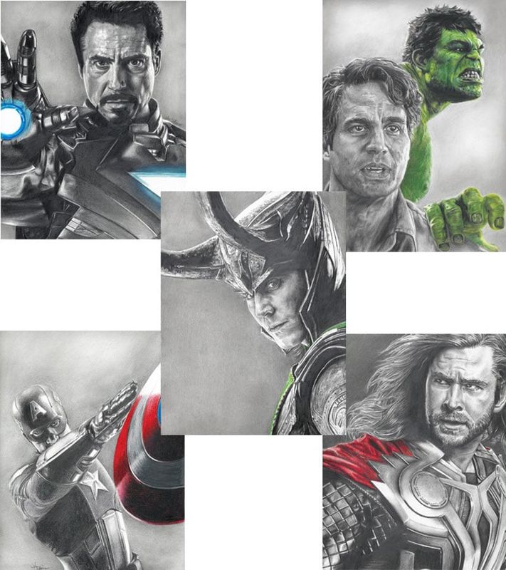 5 Avengers Drawing Prints: Loki, Hulk, Thor, Iron Man and Captain America (8.5 x 11)