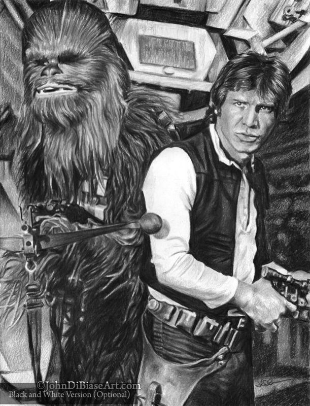 Han & Chewie (Harrison Ford and Peter Mayhew) in Star Wars 8.5 x 11 Colored Pencil Drawing Print B