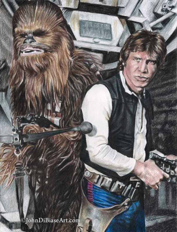 Han & Chewie (Harrison Ford and Peter Mayhew) in Star Wars 8.5 x 11 Colored Pencil Drawing Print B