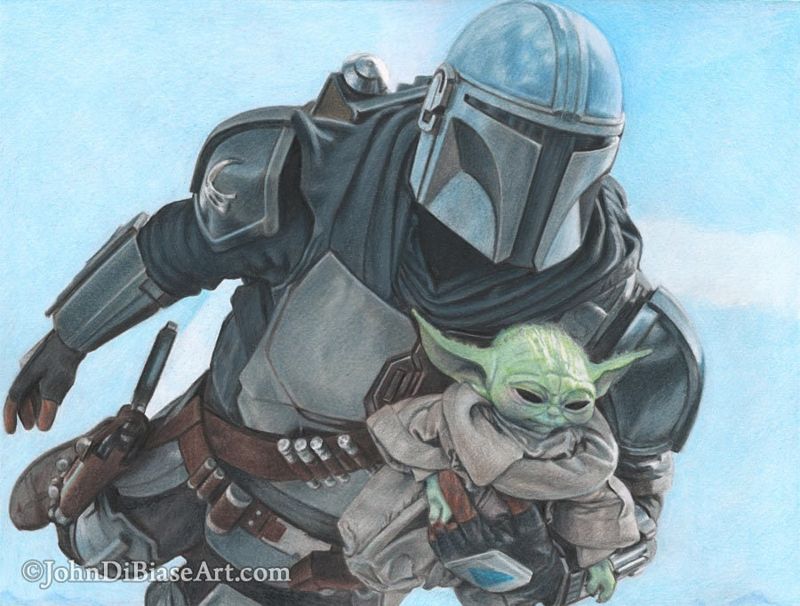 Mando and The Child Star Wars Full Color Drawing Print 11 x 8.5