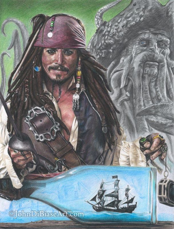 Johnny Depp as Jack Sparrow from "Pirates of the Caribbean" with Davy Jones and The Black Pearl Colored Pencil Drawing Print 8.5 x 11