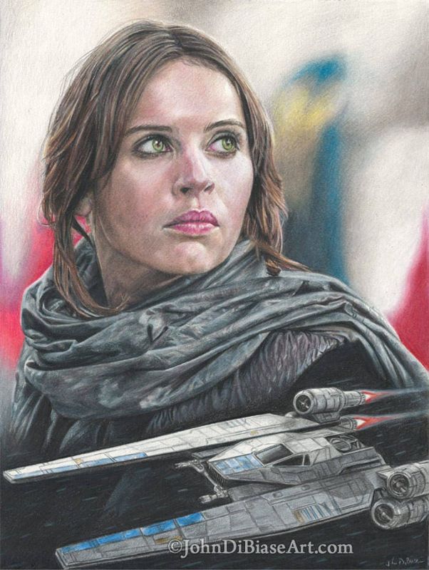 Jyn Erso (Felicity Jones) and a Rebel U-Wing in Star Wars: Rogue One Colored Pencil / Graphite Drawing Print 8.5 x 11