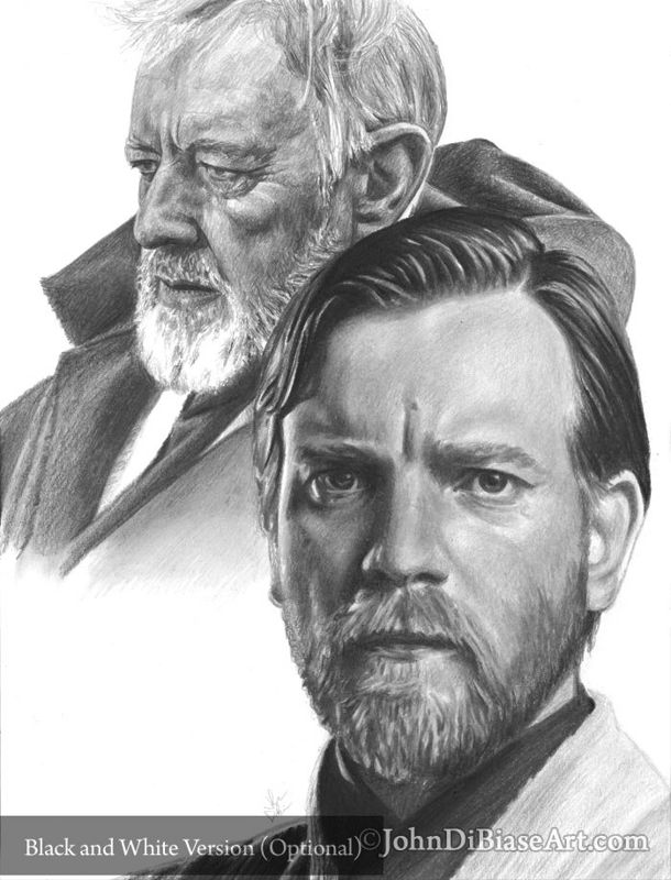 Ewan McGregor and Alec Guinness as Obi-Wan Kenobi in Star Wars (8.5 x 11) Colored Pencil Drawing Print