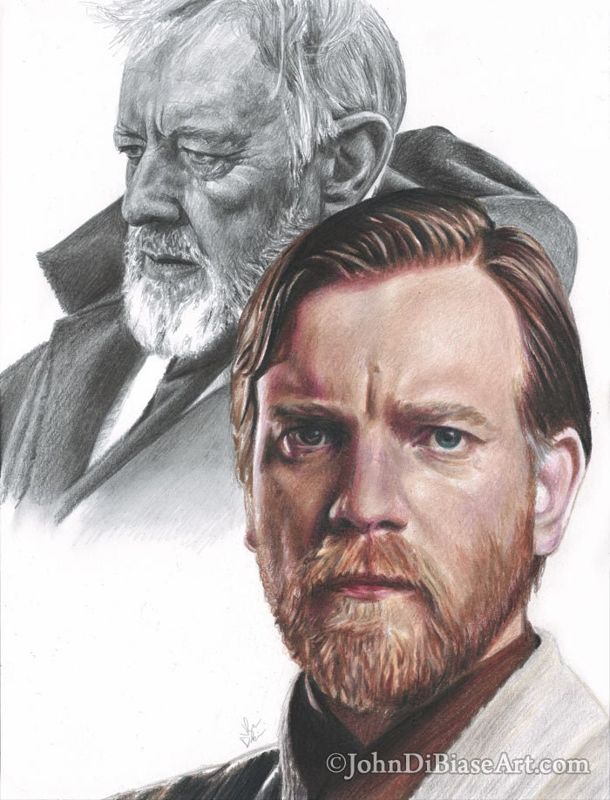 Ewan McGregor and Alec Guinness as Obi-Wan Kenobi in Star Wars (8.5 x 11) Colored Pencil Drawing Print