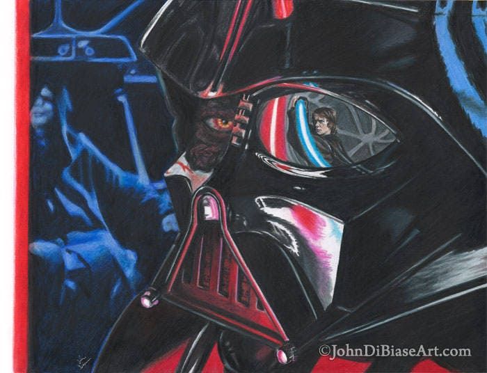 Darth Vader vs Anakin Star Wars Color Pencil / Marker Drawing Print  11 x 8.5
