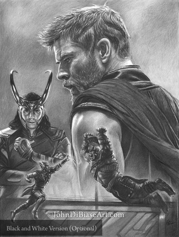 Thor (Chris Hemsworth), Loki (Tom Hiddleston), Hulk (Mark Ruffalo) from Thor Ragnarok Drawing Print 8.5 x 11