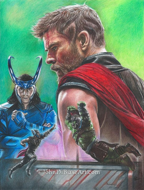 Thor (Chris Hemsworth), Loki (Tom Hiddleston), Hulk (Mark Ruffalo) from Thor Ragnarok Drawing Print 8.5 x 11