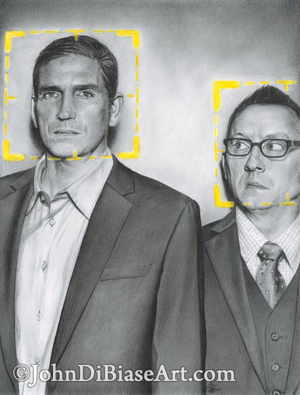 Jim Caviezel as John Reese, Michael Emerson as Harold Finch in TV's Person of Interest Original Drawing (NOT a print) 9x12
