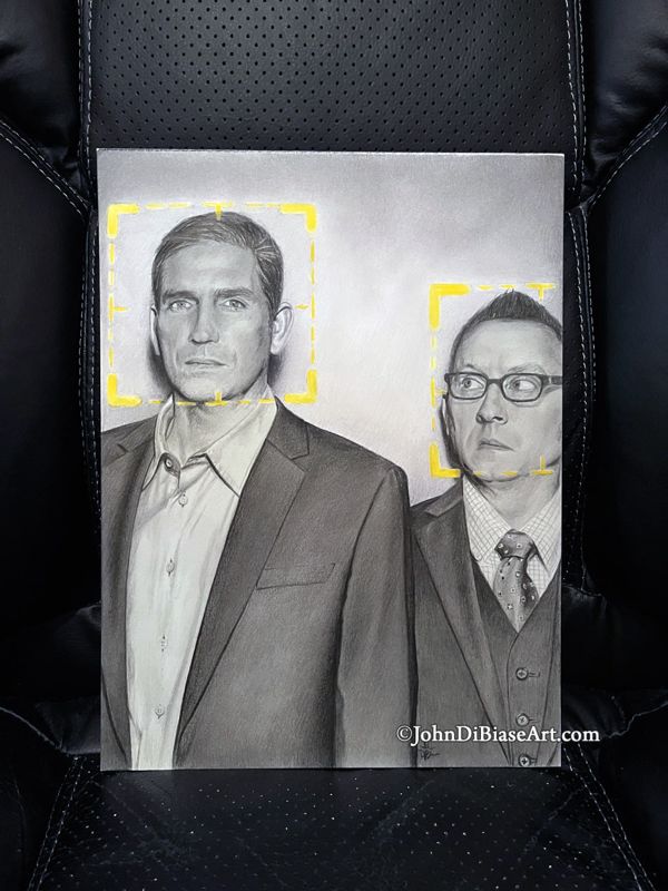 Jim Caviezel as John Reese, Michael Emerson as Harold Finch in TV's Person of Interest Original Drawing (NOT a print) 9x12