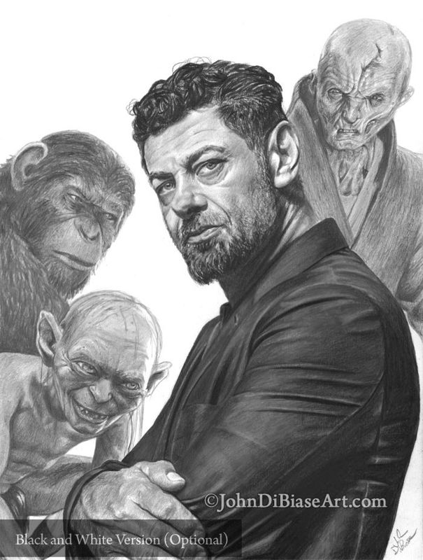 Andy Serkis with His Gollum, Star Wars (Snoke) and Planet of the Apes (Caesar) Characters Colored Pencil and Graphite Drawing Print 8.5 x 11