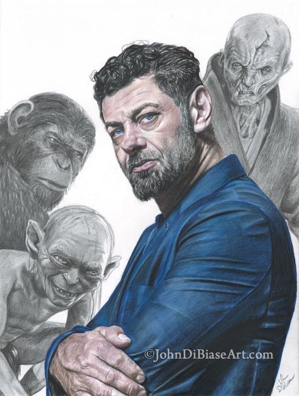 Andy Serkis with His Gollum, Star Wars (Snoke) and Planet of the Apes (Caesar) Characters Colored Pencil and Graphite Drawing Print 8.5 x 11