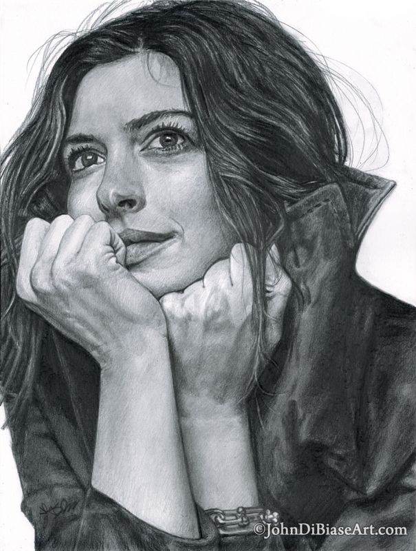 Anne Hathaway Graphite Pencil Drawing (NOT a print) 9x12