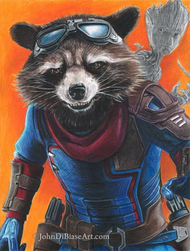 Rocket and Groot in Avengers Endgame Original Colored Pencil, Graphite and Marker Drawing 9x12