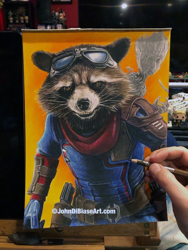 Rocket and Groot in Avengers Endgame Original Colored Pencil, Graphite and Marker Drawing 9x12
