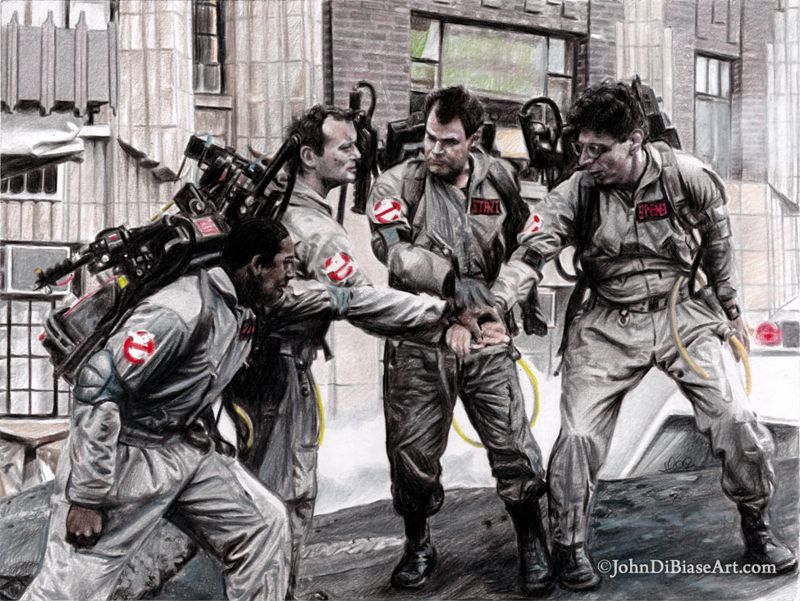 Winston, Peter,  Ray and Egon NYC Huddle Ghostbusters Drawing Print 11" x 8.5"