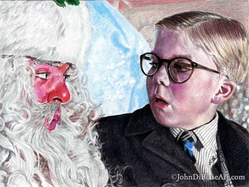 A Christmas Story Ralphie (Peter Billingsley) and Santa Colored Pencil Drawing Print 11 x 8.5