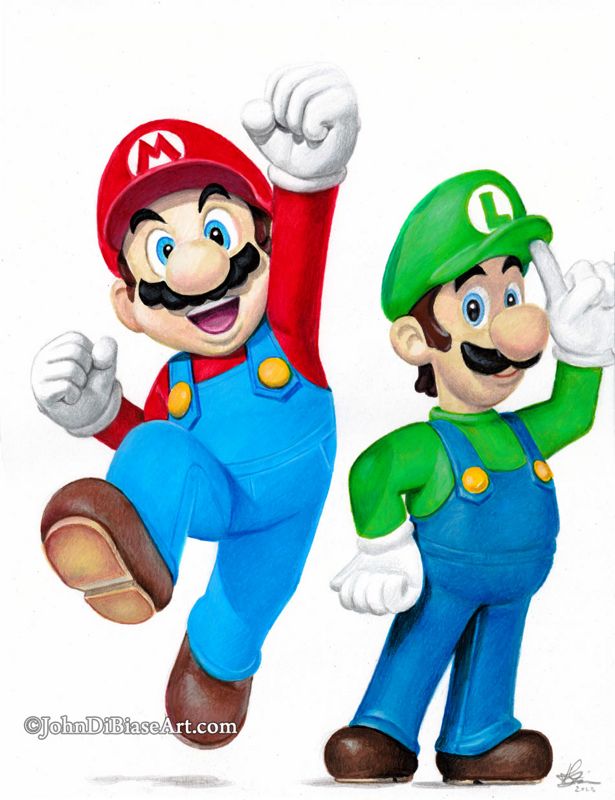 Super Mario and Luigi Colored Pencil and Marker Drawing Print 8.5 x 11