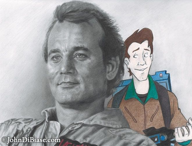 Bill Murray as Peter Venkman in Ghostbusters with Real Ghostbusters Peter Drawing Print 11 x 8.5
