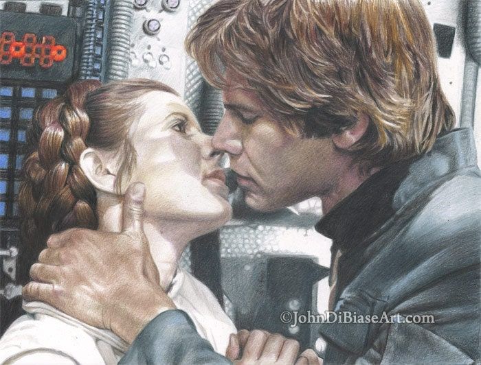 Han & Leia (Carrie Fisher and Harrison Ford) in Star Wars 11 x 8.5 Colored Pencil Drawing Print