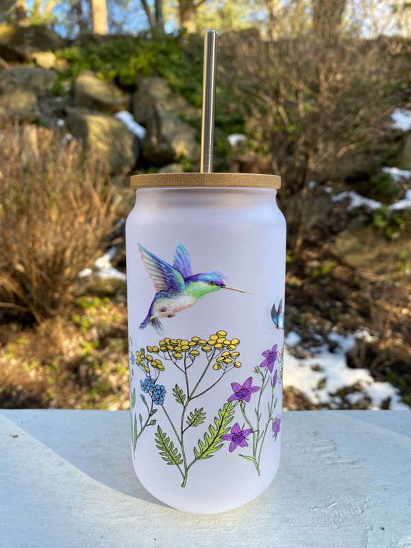 Spring Hummingbirds Glass Beer Can