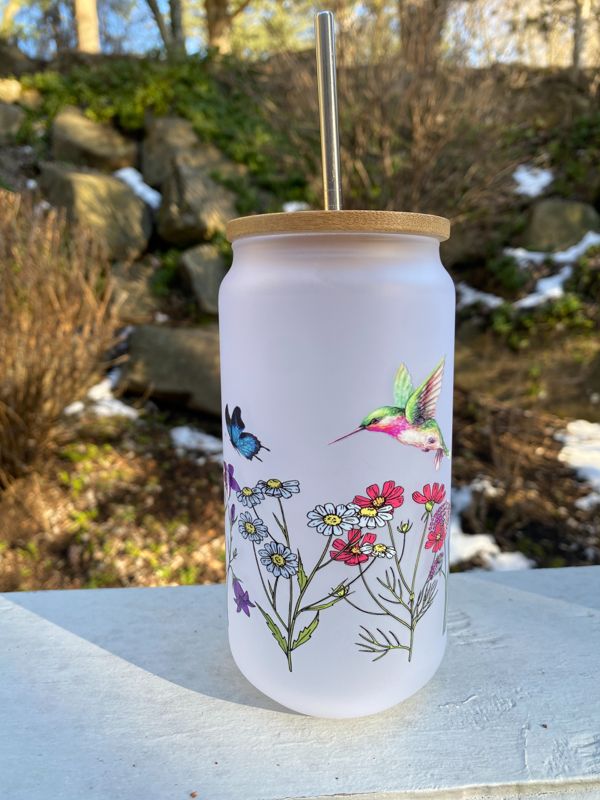 Spring Hummingbirds Glass Beer Can