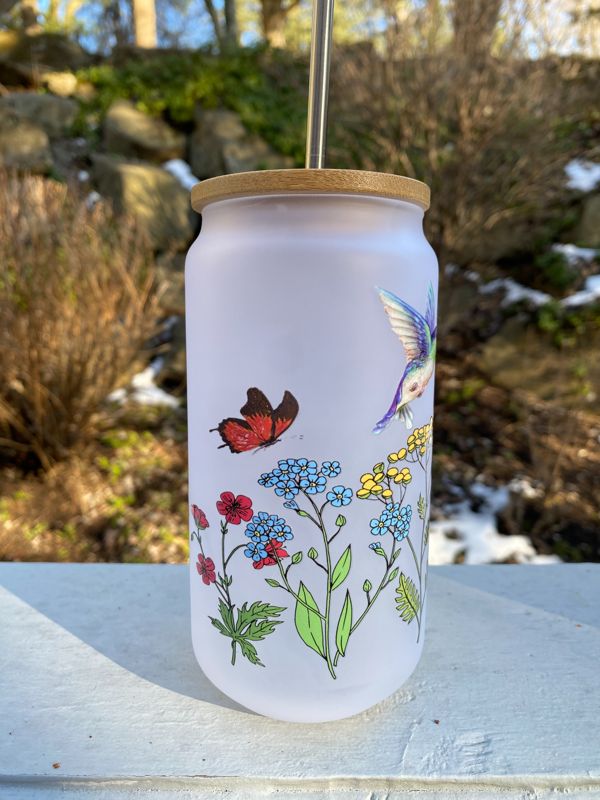 Spring Hummingbirds Glass Beer Can