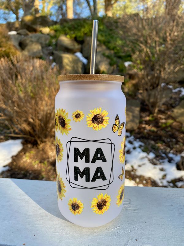 Sunflower Mama Glass Beer Can