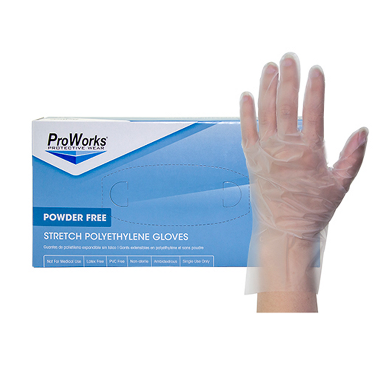 PROWORKS STRETCH POLY GLOVES, CLEAR, box/200, X-LARGE