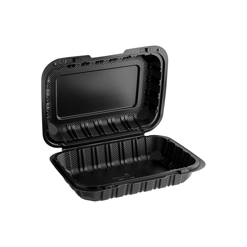 150/cs 9x6x3 Black Mineral Filled PP Hinged Container