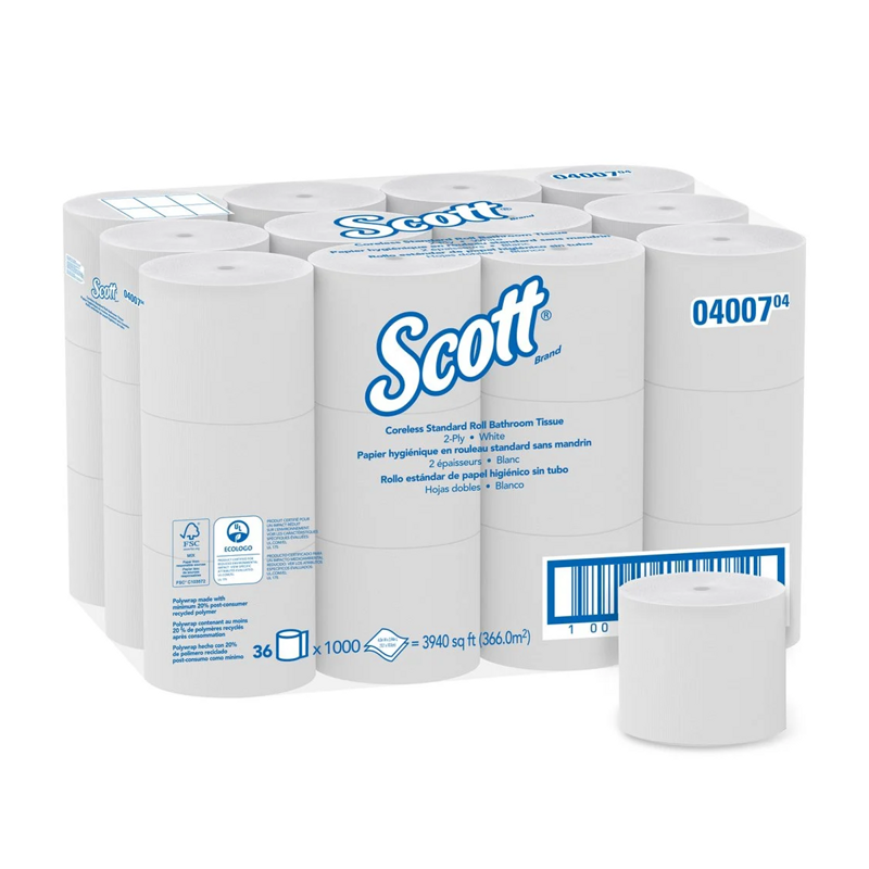 36/cs KC Scott Standard Roll Bath Tissue Coreless White 4.0"x3.94" 1000/roll