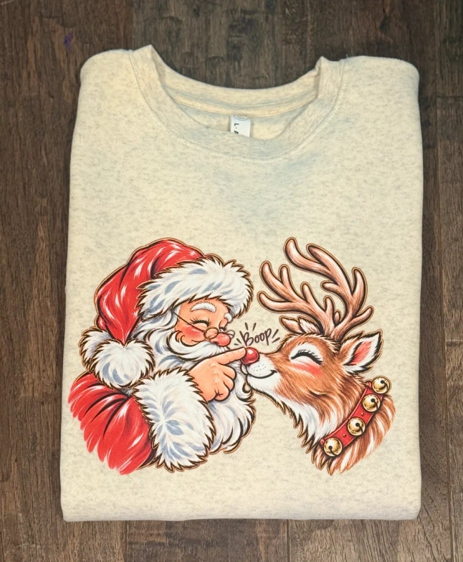 Santa Reindeer Oatmeal Heather Crew