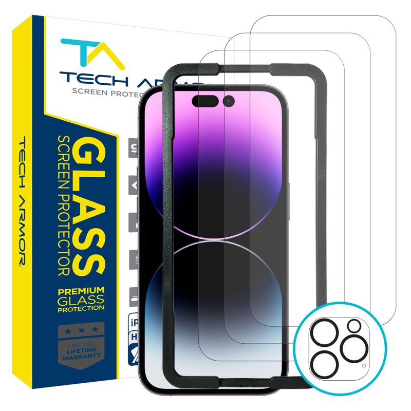 Tech Armor 3 Pack Screen Protector Designed for iPhone 14 Pro Max 5G [6.7 inch] Display 2022 with 1 Pack Tempered Glass Camera Lens Protector, 9H Hardness - HD Clear