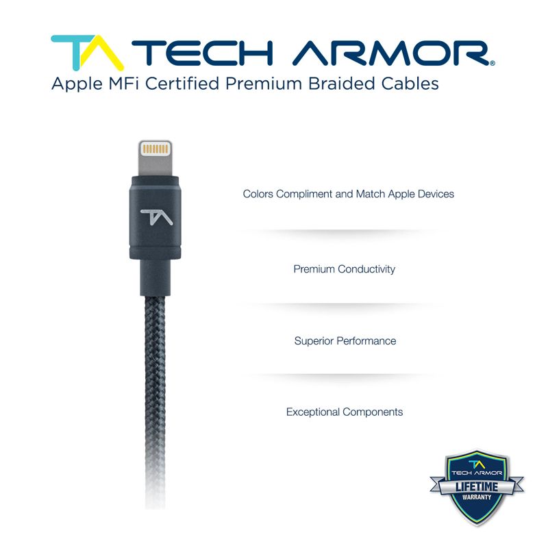 Tech Armor Apple MFi Certified Lightning Cable to USB A - 2FT Space Grey - Tough-Braided Extra-Strong Jacket - Sync/Charge iPhone & iPad