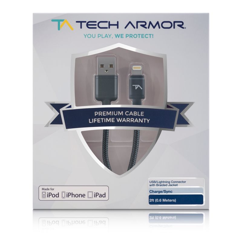Tech Armor Apple MFi Certified Lightning Cable to USB A - 2FT Space Grey - Tough-Braided Extra-Strong Jacket - Sync/Charge iPhone & iPad