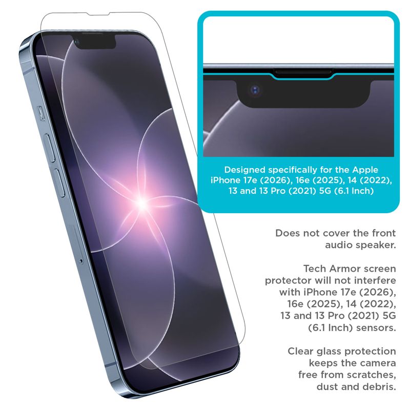 Tech Armor 3 Pack Ballistic Glass Screen Protector Compatible for Apple NEW iPhone 17e, 16e, iPhone 14 , iPhone 13 Pro and iPhone 13 5G 6.1 Inch Tempered Glass
