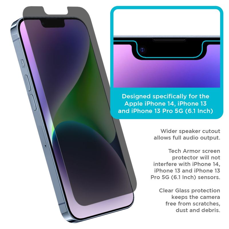 Tech Armor 1 Pack Privacy Ballistic Glass Screen Protector Compatible for Apple NEW iPhone 16e, iPhone 14 , iPhone 13 and iPhone 13 Pro 5G 6.1 Inch Tempered Glass