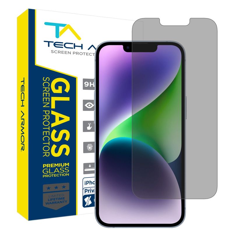 Tech Armor 1 Pack Privacy Ballistic Glass Screen Protector Compatible for Apple NEW iPhone 16e, iPhone 14 , iPhone 13 and iPhone 13 Pro 5G 6.1 Inch Tempered Glass