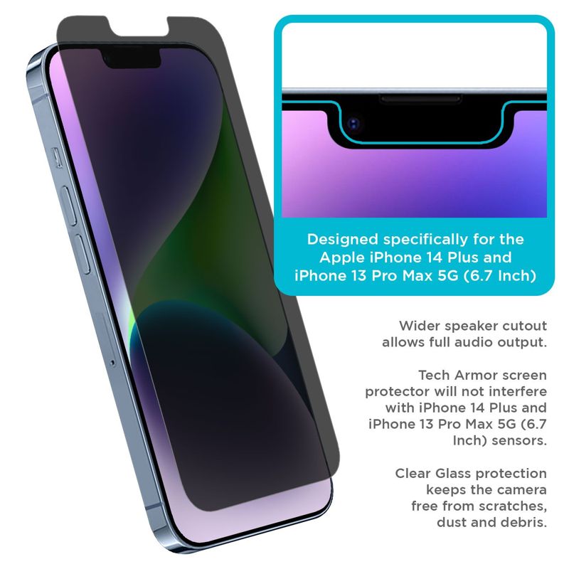Tech Armor 1 Pack Privacy Ballistic Glass Screen Protector for Apple NEW iPhone 14 Plus (2022) and iPhone 13 Pro Max (2021) 5G 6.7 Inch Tempered Glass