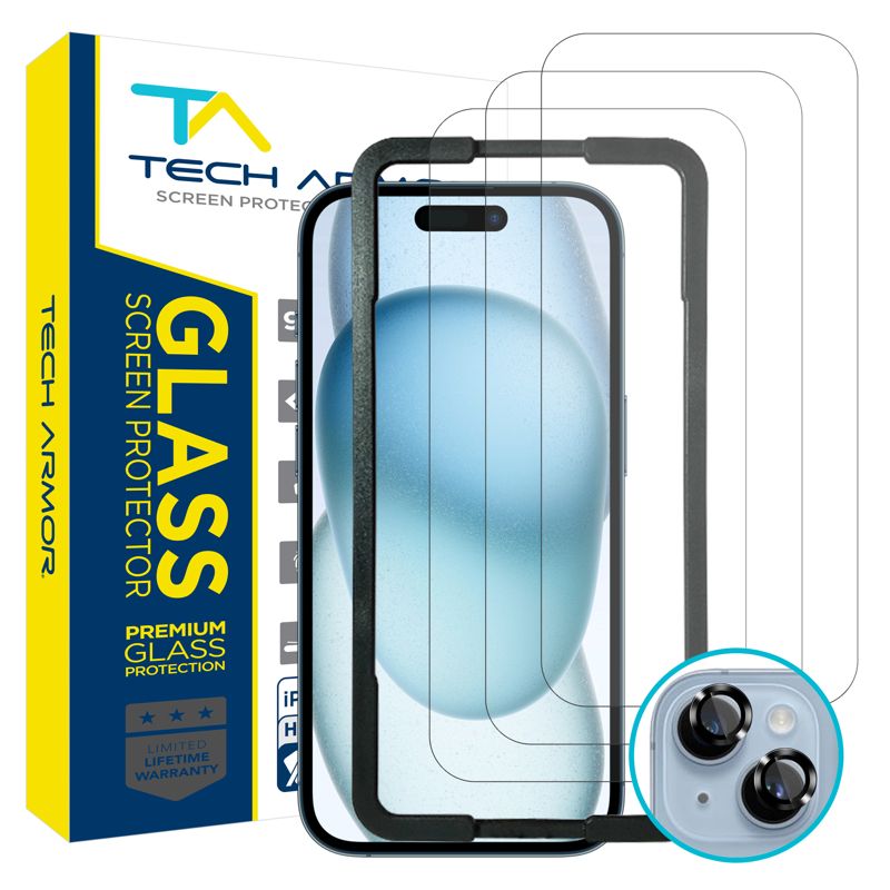 Tech Armor iPhone 15 Plus Screen Protector 6.7 inch - Ballistic Tempered Glass, 3 Pack + Bonus Camera Lens Protectors