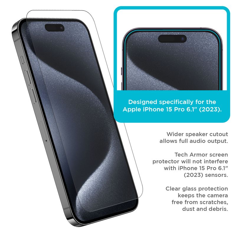 Tech Armor iPhone 15 Pro Screen Protector 6.1 inch - Ballistic Tempered Glass, 3 Pack + Bonus Camera Lens Protectors