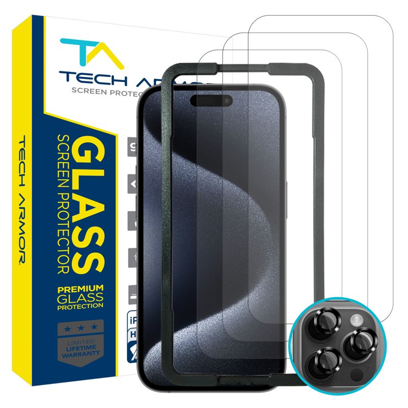 Tech Armor iPhone 15 Pro Screen Protector 6.1 inch - Ballistic Tempered Glass, 3 Pack + Bonus Camera Lens Protectors