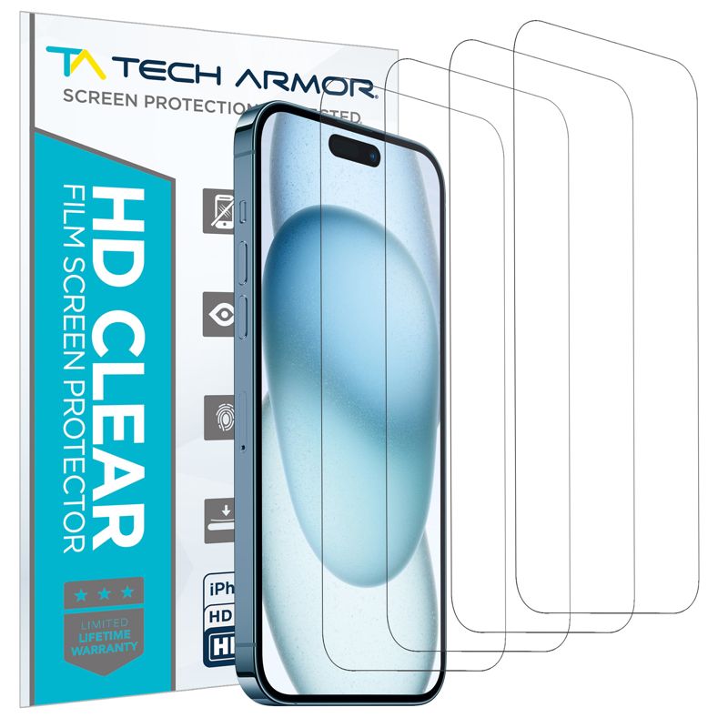 Tech Armor 4 Pack HD Clear Film Screen Protector for Apple NEW iPhone 15 6.1 Inch